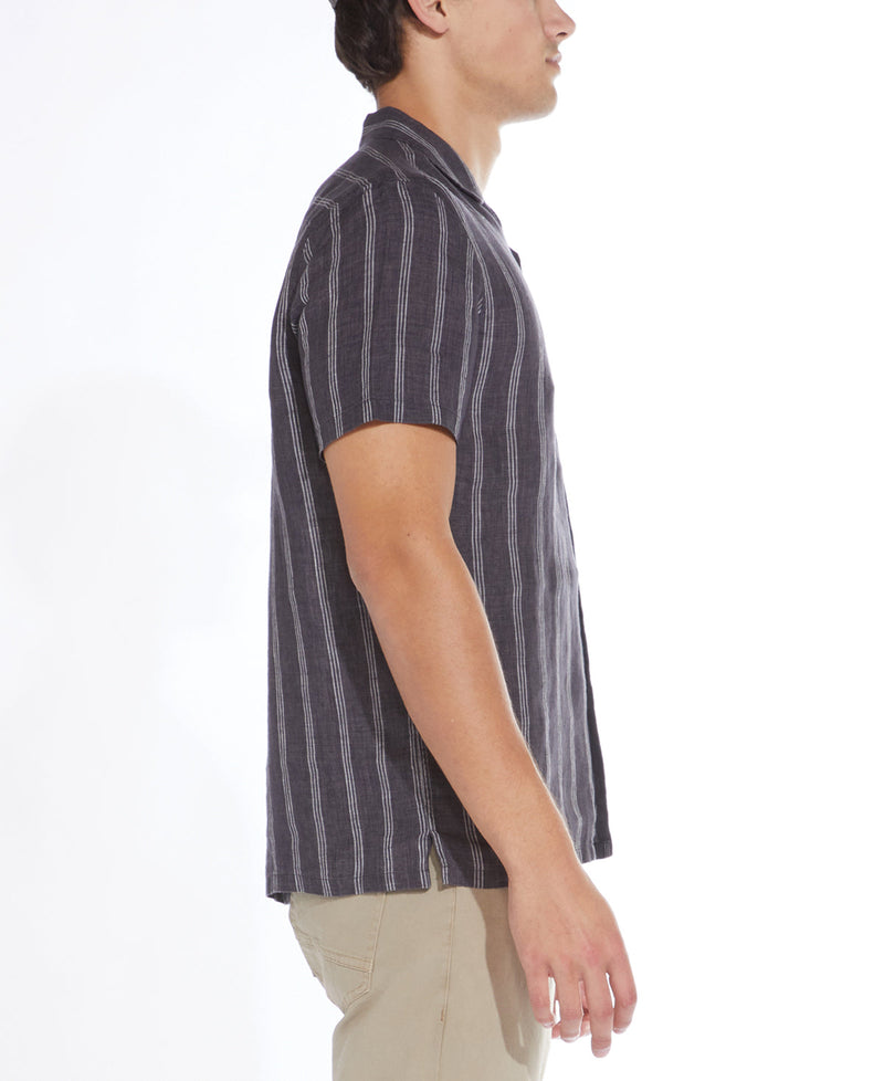 Civil Society Black Striped Cotton/Linen Blend Short Sleeve Resort Shirt