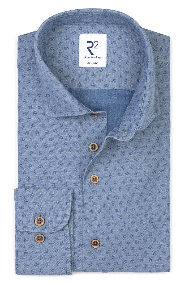 Direct From Brand,R2 Amsterdam, R2 Amsterdam Blue Floral Print Denim Shirt, Blue, Small-40-Tag39Medium-42-Tag40Medium-44-Tag41Large-46-Tag42Extra Large-48-Tag43