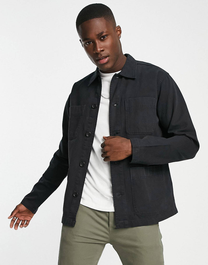 Selected Homme Black Relaxed Fit Herringbone Twill Overshirt With Four Front Pockets