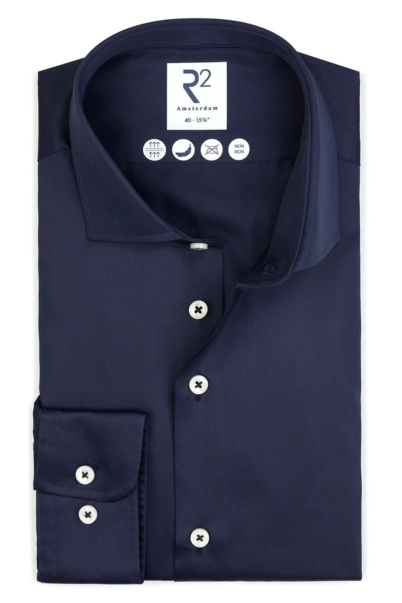 Direct From Brand,R2 Amsterdam, R2 Amsterdam Navy Non-iron Satin Cotton Shirt, Blue, Medium-42-Tag39Medium-43-Tag40Large-46-Tag42