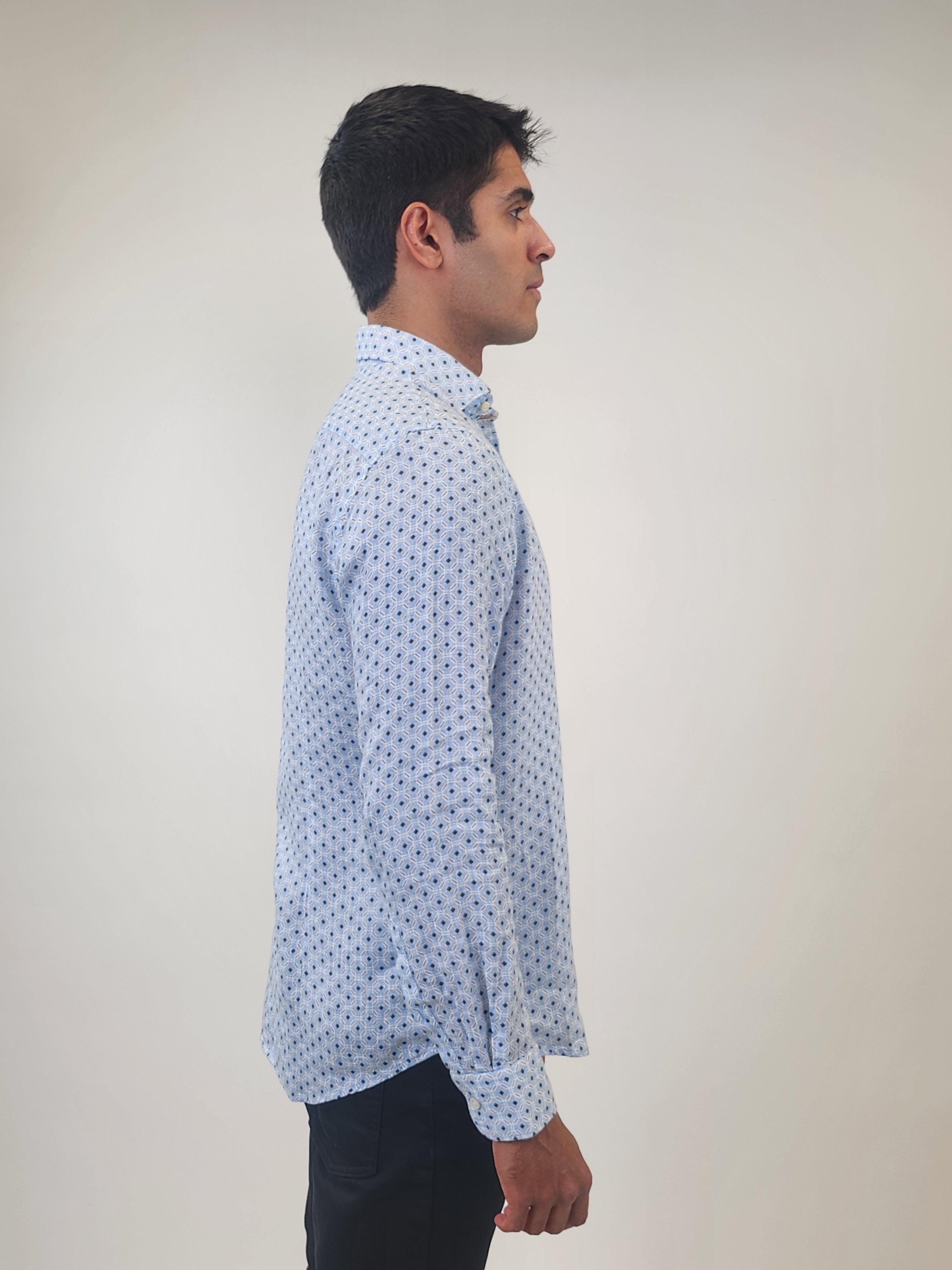 Brand Partner,R2 Amsterdam, R2 Amsterdam Light Blue Geo Print Long Sleeve Linen Shirt, Blue, Medium-44-TagMLarge-46-TagLExtra Large-49-TagXL