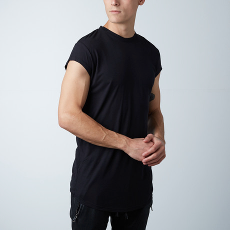 Wholesale,Reese De Luca, Reese De Luca Black Cap Sleeve Jersey T-Shirt with Elongated Back, Black, Small-37-TagXS