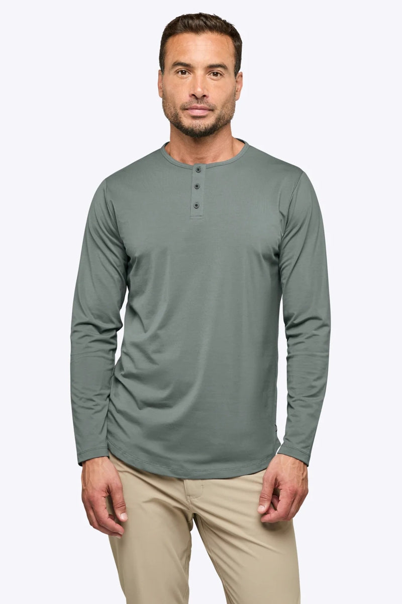 Wholesale,CUTS, CUTS Sage Curve-Hem Buttery Soft Henley, Green, Small-39-TagSMedium-41-TagMLarge-43-TagLExtra Large-45-TagXL