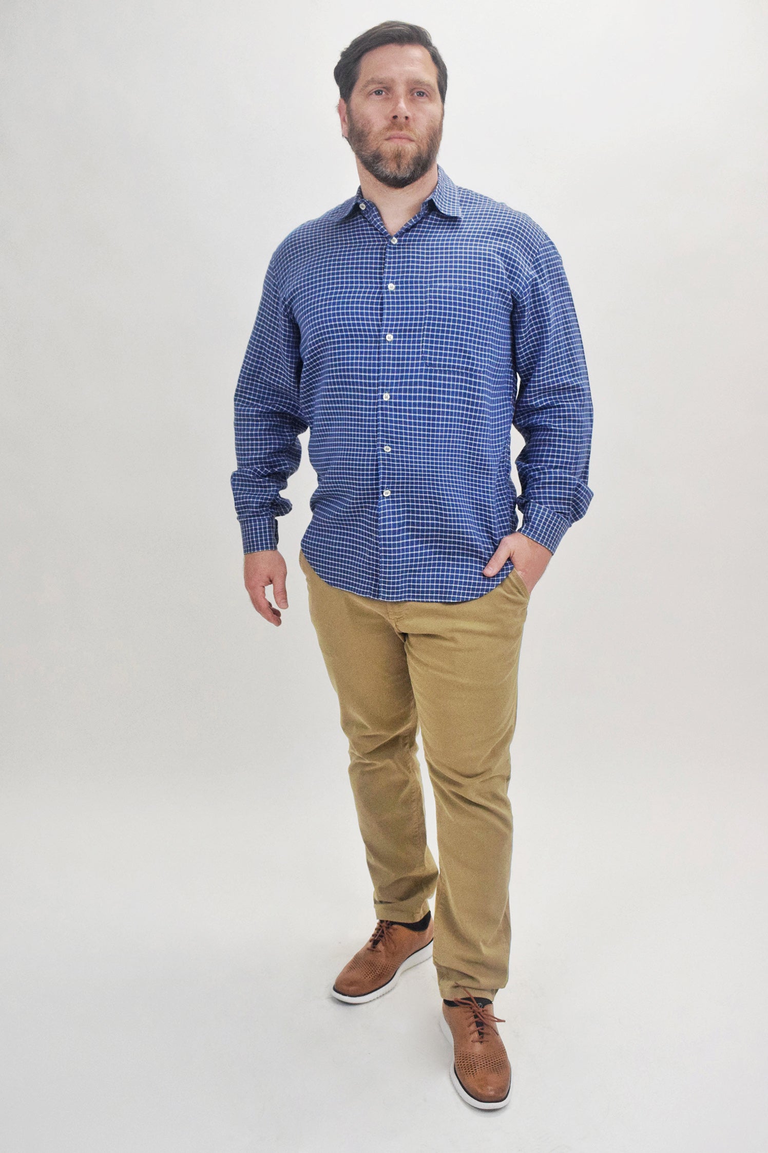 The RealReal, Barney's New York Blue Mini Grid Print Button Up Shirt, Blue, Extra Large-48-TagXL