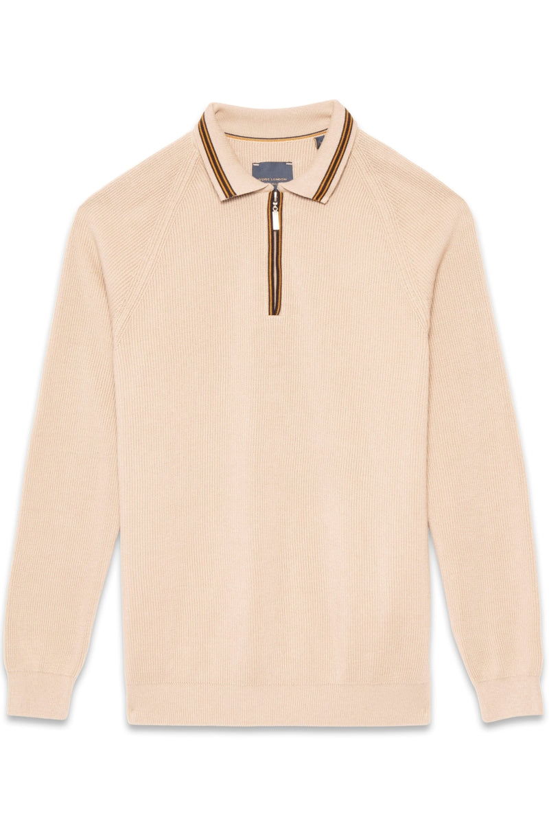 Faire,Guide London, Guide London Stone Braided Weave Knit Qtr Zip Polo, Tan, Extra Extra Large-46-TagXXL