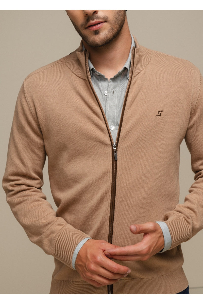 Faire,SMF, SMF Tan with Brown Contrast Knit Mockneck Full Zip Cardigan, Tan, Medium-40-TagM
