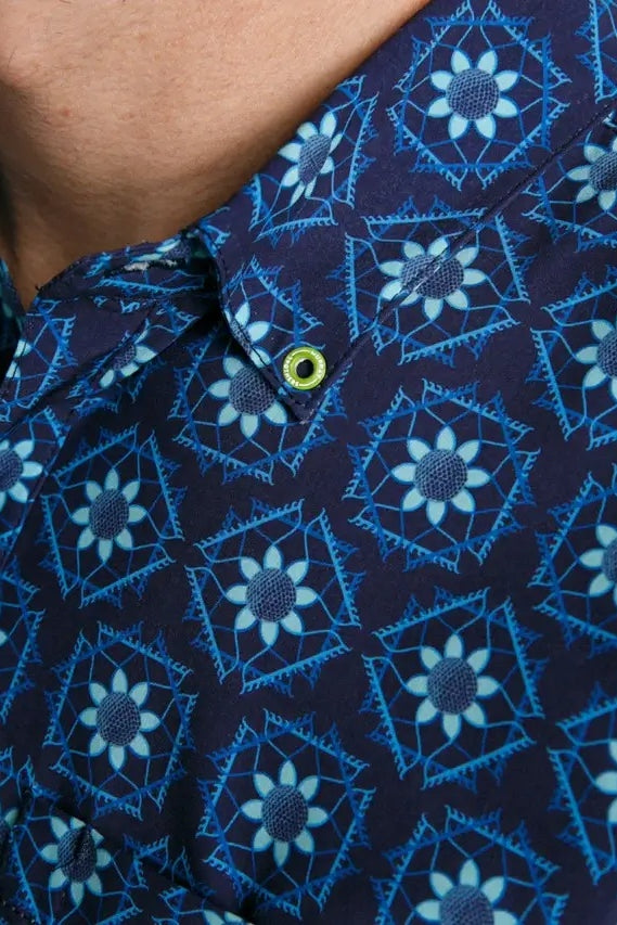 Faire,William Murray Golf, William Murray Golf Navy Tile Geo Print Short Sleeve Shirt, Blue, Small-42-TagSMedium-44-TagMLarge-46-TagLExtra Large-49-TagXLExtra Large-48-TagXLExtra Extra Large-51-TagXXL