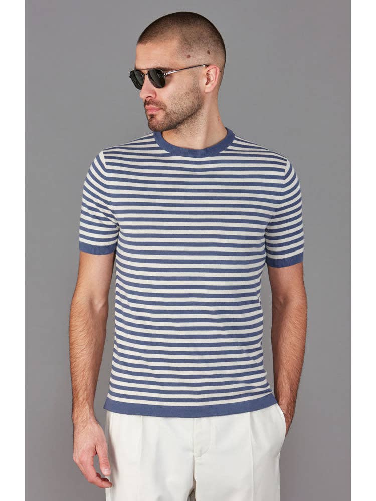 Faire,Paul James, Paul James Pastel Blue Knit Cotton Breton Stripe T-Shirt, Blue, Extra Large-46-TagXL