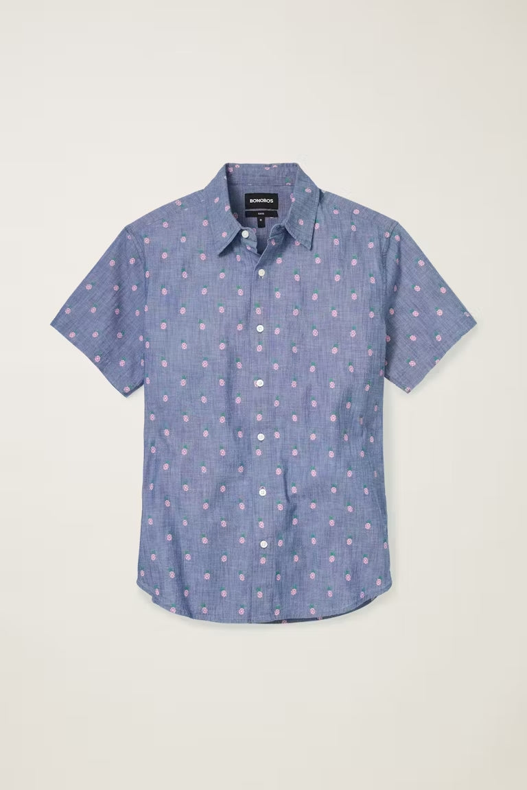 Wholesale,Bonobos, Bonobos Blue Conversational Print Stretch Short Sleeve Shirt, Blue, Small-40-TagSMedium-44-TagMLarge-47-TagLExtra Large-49-TagXLExtra Extra Large-53-TagXXL