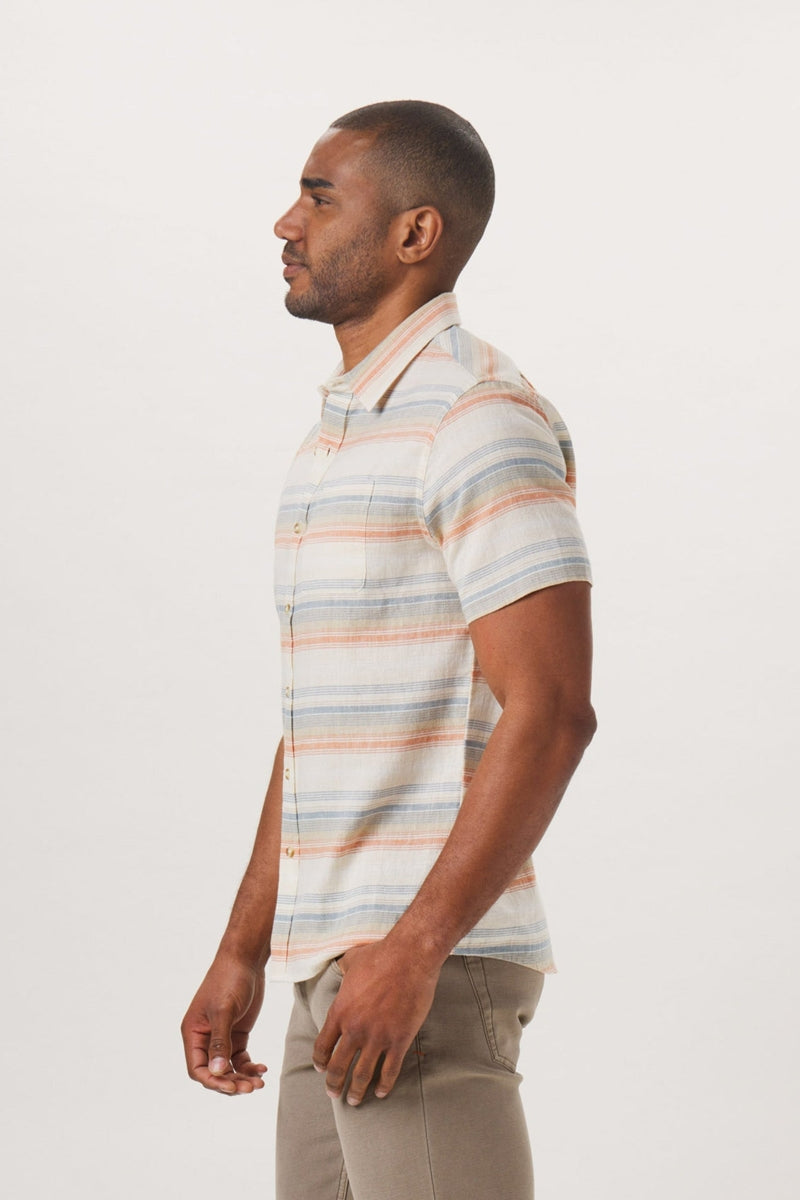 Wholesale,The Normal Brand, The Normal Brand Beige/Canyon Stripe Freshwater Short Sleeve Button Up Shirt, Tan, Small-40-TagSMedium-43-TagMLarge-46-TagLExtra Large-49-TagXLExtra Extra Large-54-TagXXL