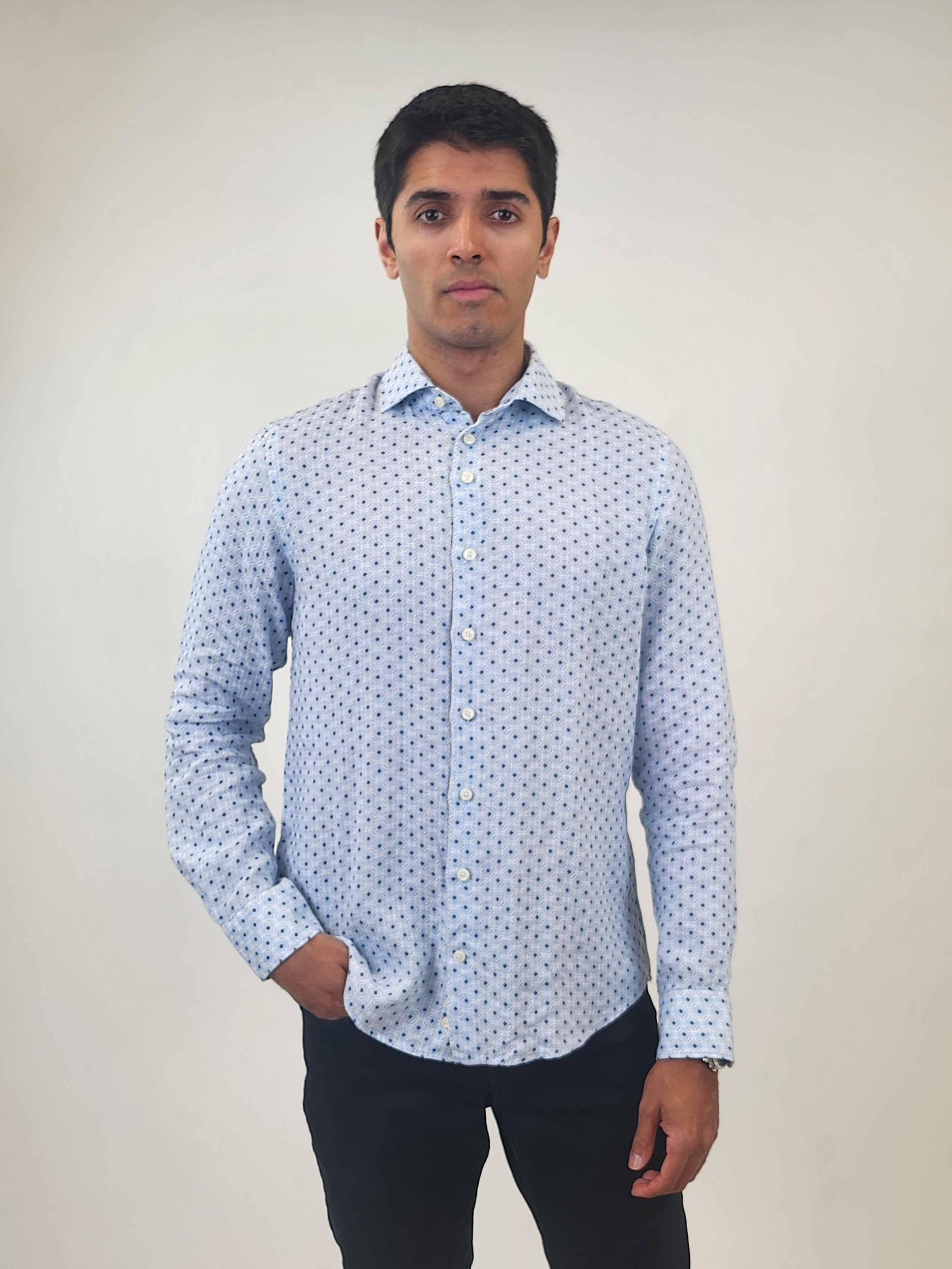 Brand Partner,R2 Amsterdam, R2 Amsterdam Light Blue Geo Print Long Sleeve Linen Shirt, Blue, Medium-44-TagMLarge-46-TagLExtra Large-49-TagXL