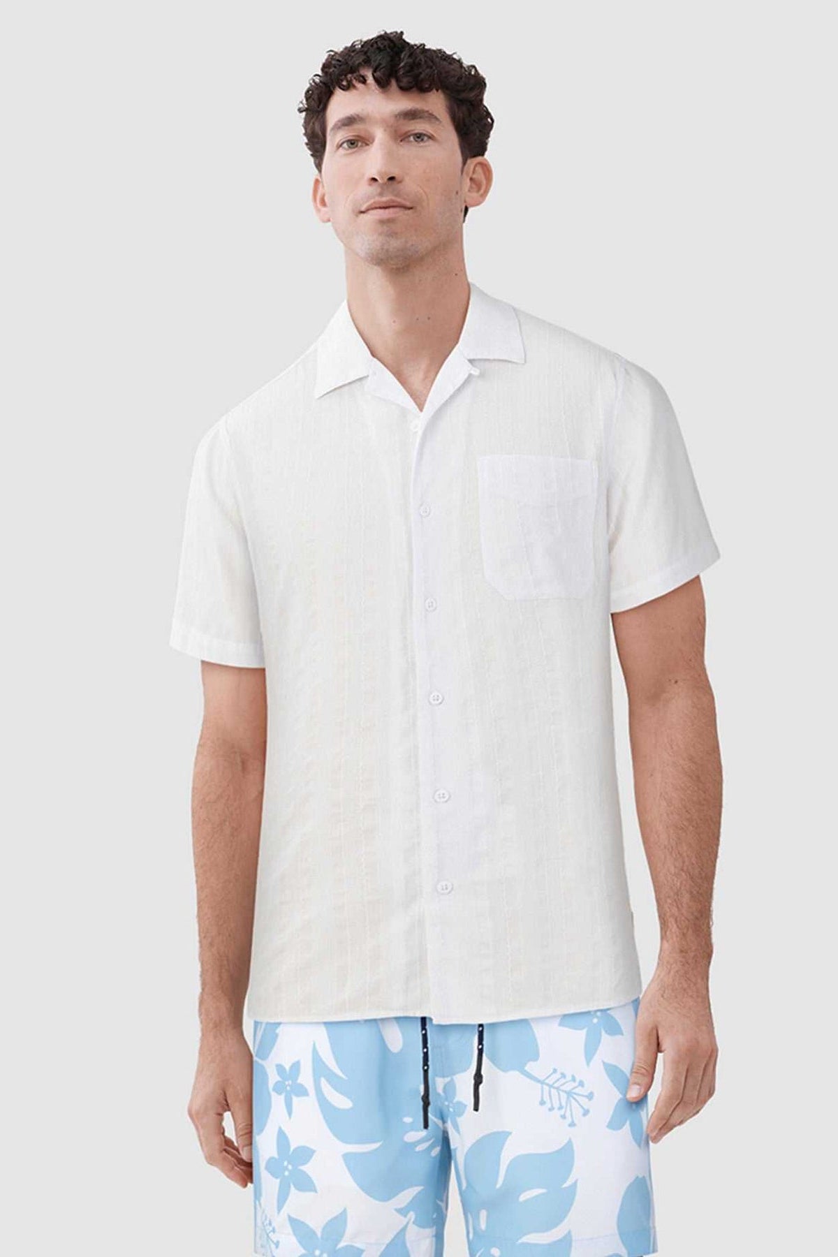 Faire,Surfside Supply, Surfside Supply White Textured Striped Short Sleeve Button Up Shirt, White, Medium-42-TagM