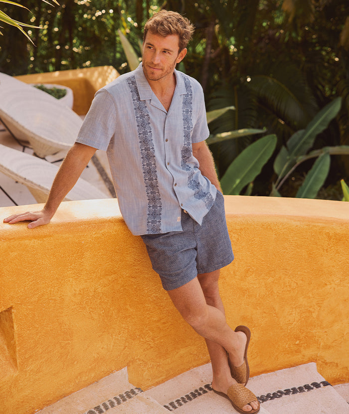 Wholesale,Marine Layer, Marine Layer Mid Blue Stretch Selvage Embroidered Resort Shirt, Blue, Medium-44-TagMExtra Large-49-TagXLExtra Extra Large-53-TagXXLSmall-42-TagSLarge-47-TagL