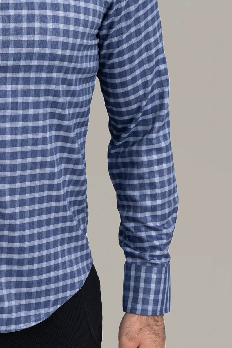 Wholesale,Twillory, Twillory Denim Windowpane Untuckable Shirt, Blue, Small-40-TagSSmall-41-TagSMedium-43-TagM