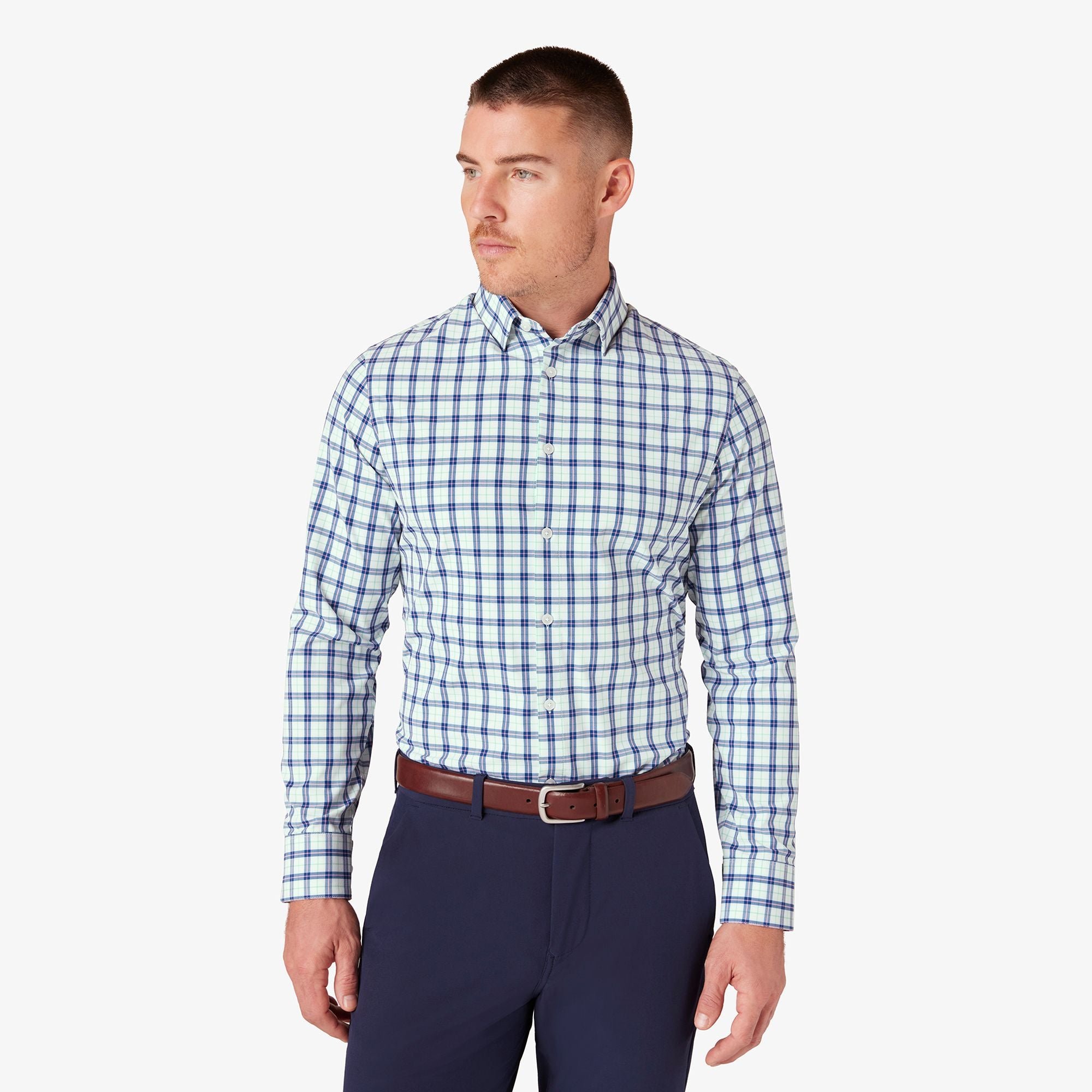 Wholesale,Mizzen + Main, Mizzen + Main Blue/Green Plaid Trim Four-way Stretch Long Sleeve Leeward Dress Shirt, Blue, Large-45-TagL