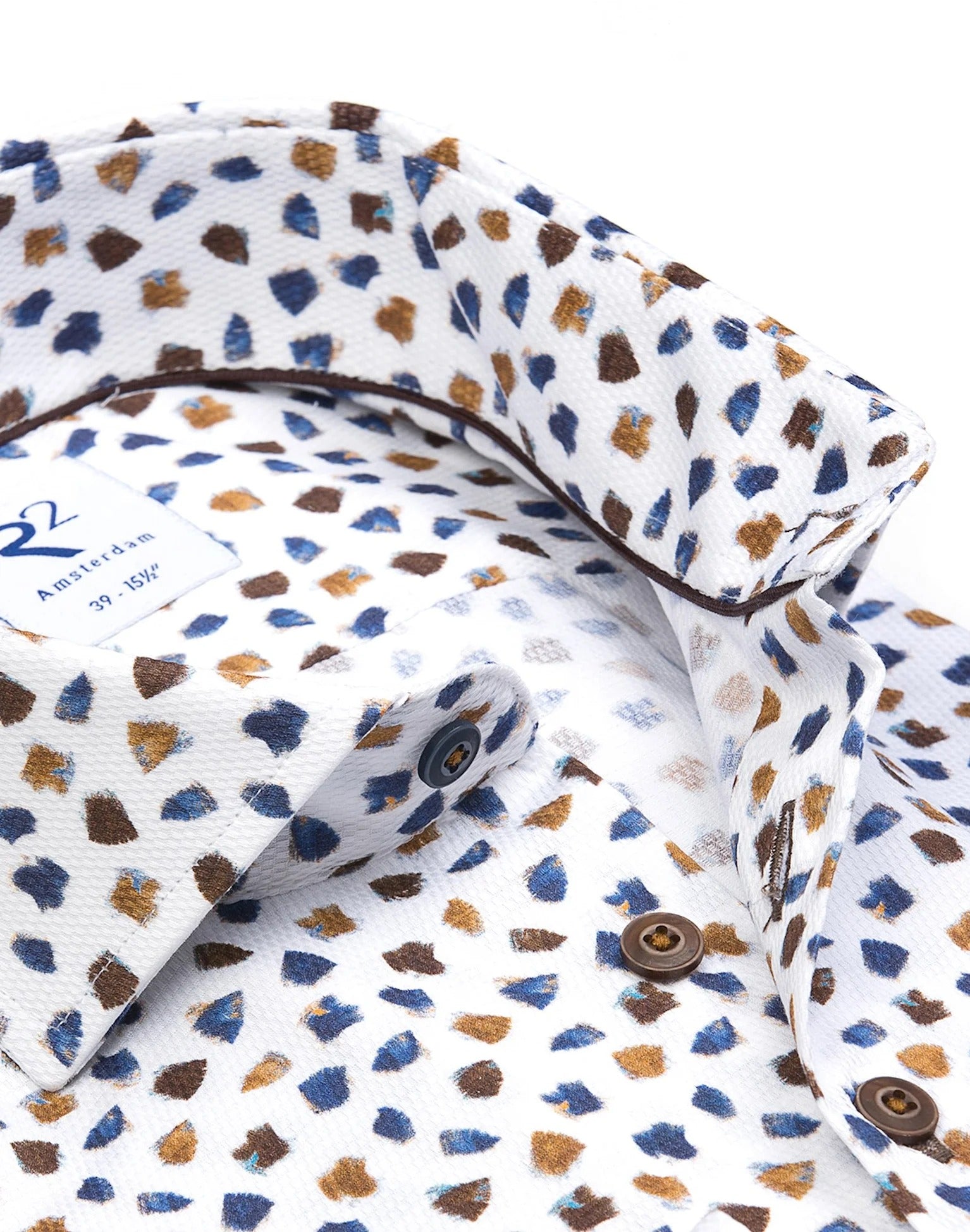 Brand Partner,R2 Amsterdam, R2 Amsterdam White Conversational Blue/Beige Print Cotton Long Sleeve Button Up Shirt, White, Small-41-Tag39