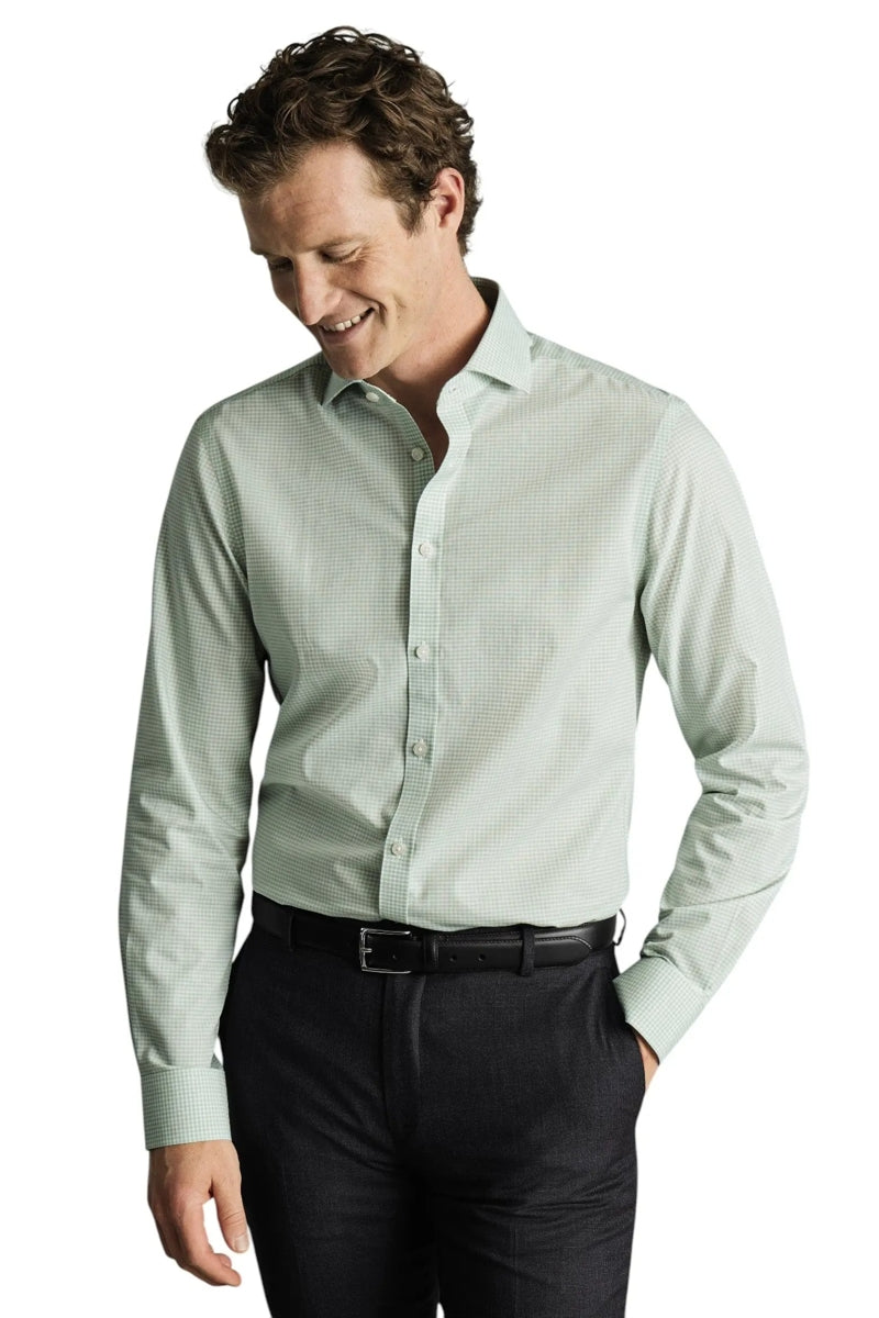 Wholesale,Charles Tyrwhitt, Charles Tyrwhitt Green Stretch Poplin Gingham Shirt, Green, Medium-42-Tag15.5Large-44-Tag16