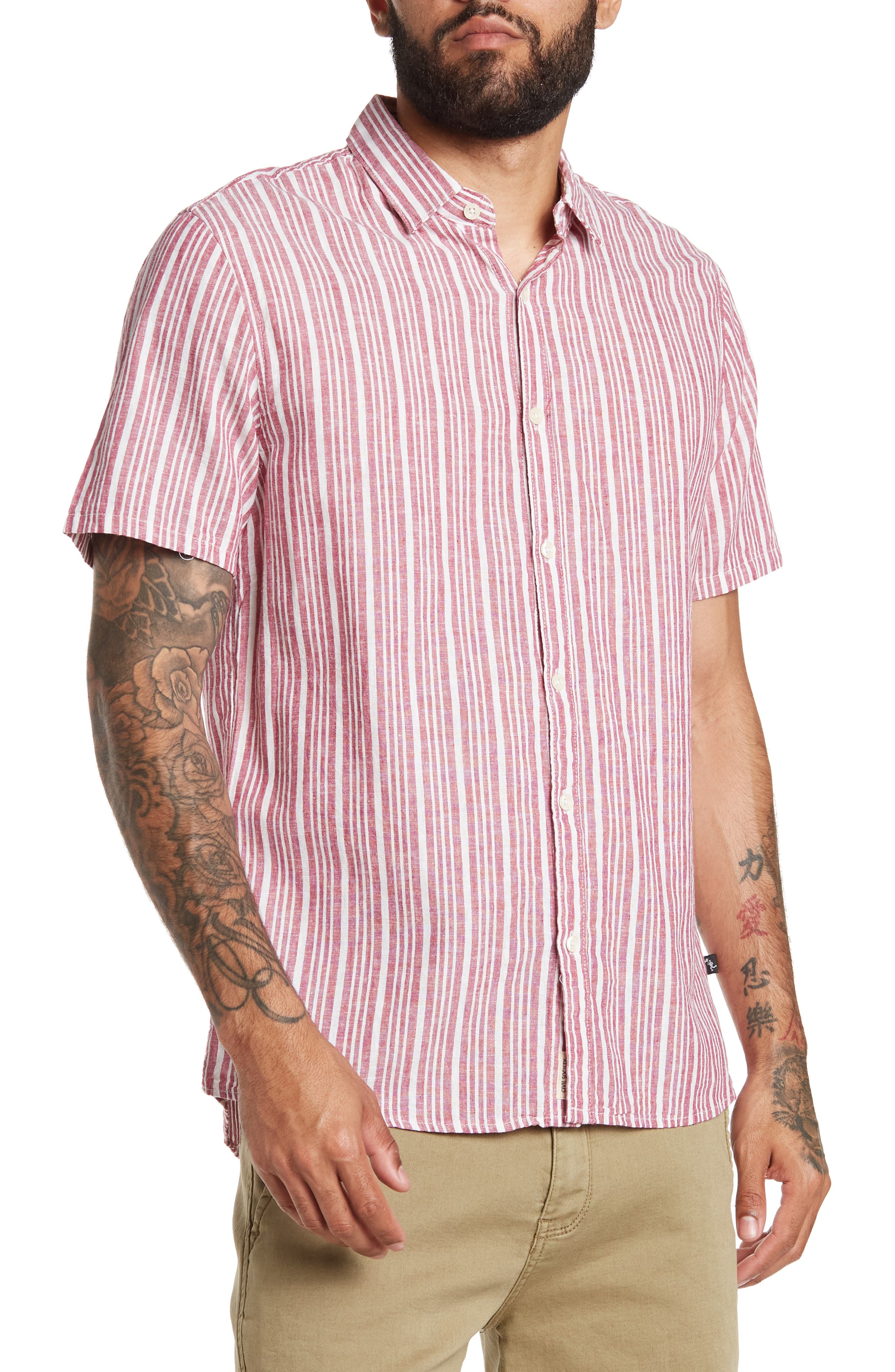 Nordstrom Rack, Civil Society Red Stripe Linen Blend Short Sleeve Button Up Shirt, Red, Small-41-TagSMedium-42-TagM