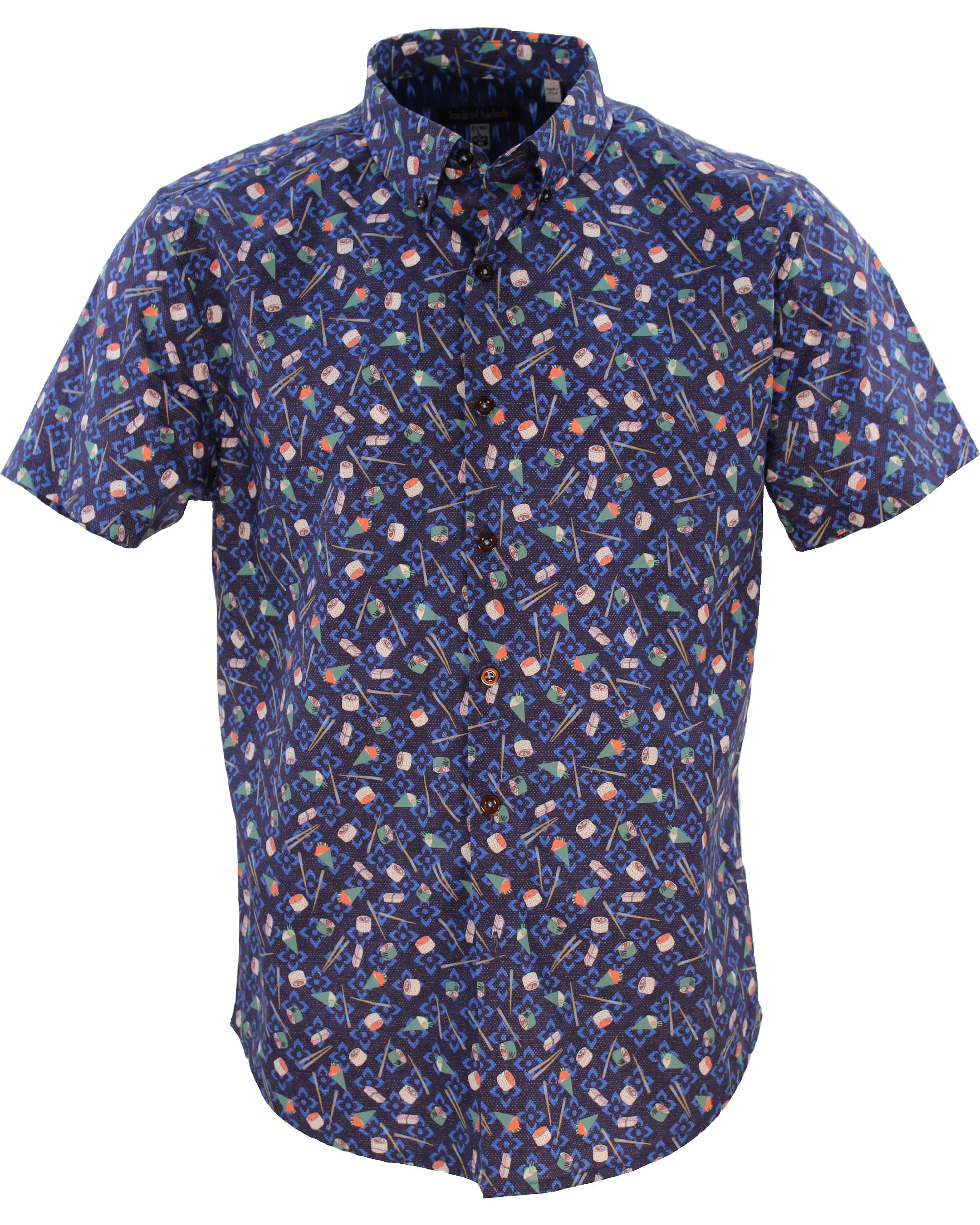 Brand Partner,Lords of Harlech, Lords of Harlech Navy Sushi Print Mechanical Stretch Button Up Shirt, Blue, Small-39-TagSLarge-45-TagLExtra Extra Large-50-TagXXLMedium-42-TagMExtra Large-48-TagXL