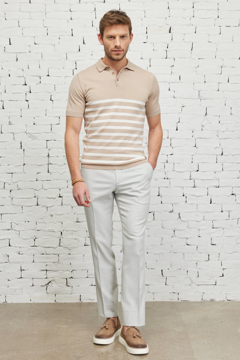 Wholesale,Altinyildiz Classics, Altinyildiz Classics Taupe with White Striped Knit Polo, Tan, Large-43-TagL