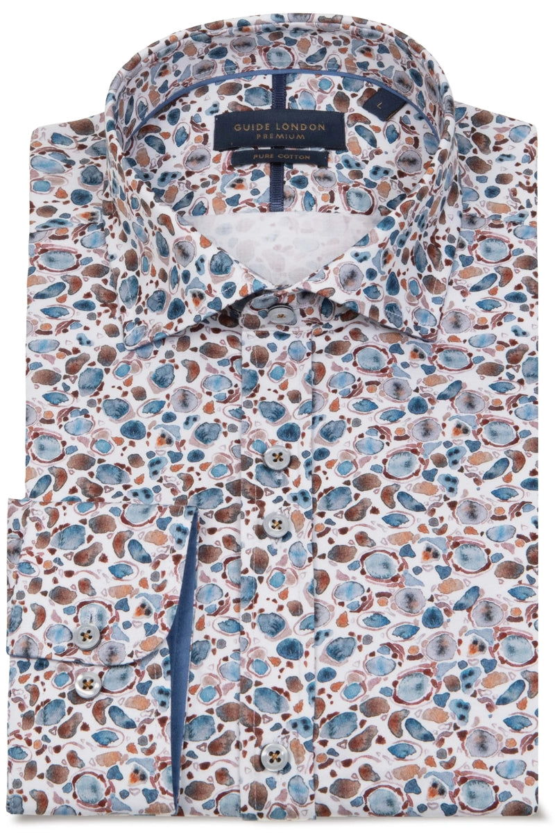 Faire,Guide London, Guide London White with Brown/Blue Pebble Print Button Up Shirt, White, Extra Extra Large-50-TagXXL