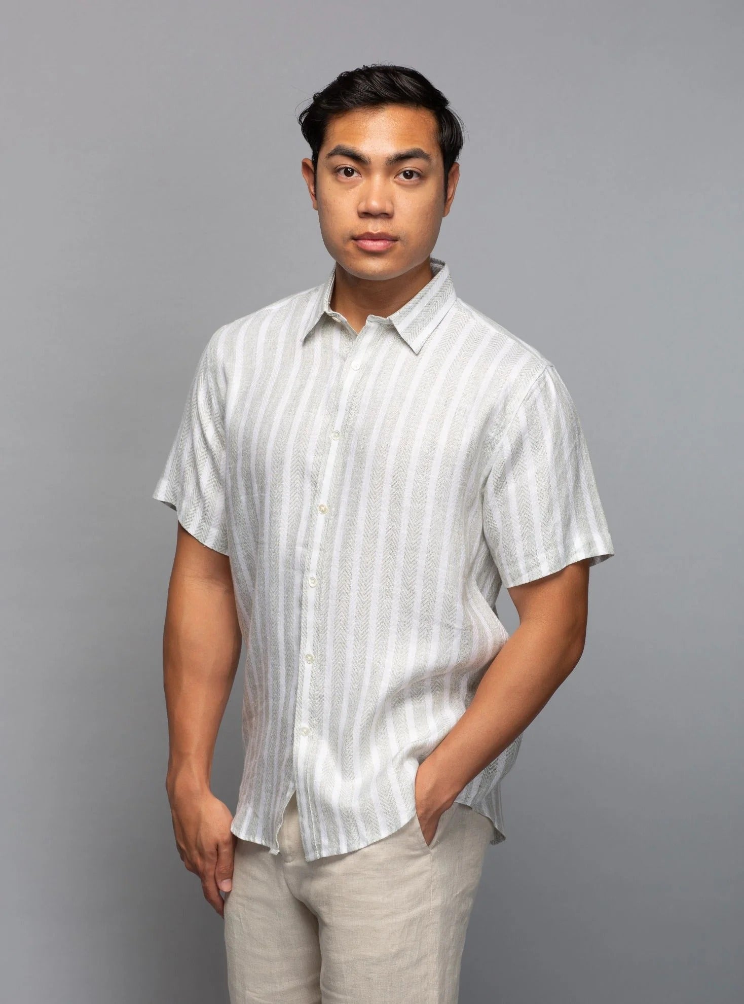 Brand Partner,Stitch Note, Stitch Note Green Yarn Dyed  Stripe The Redford Short Sleeve Shirt, Green, Large-45-TagLExtra Large-47-TagXLExtra Extra Large-49-TagXLSmall-41-TagSMedium-43-TagM