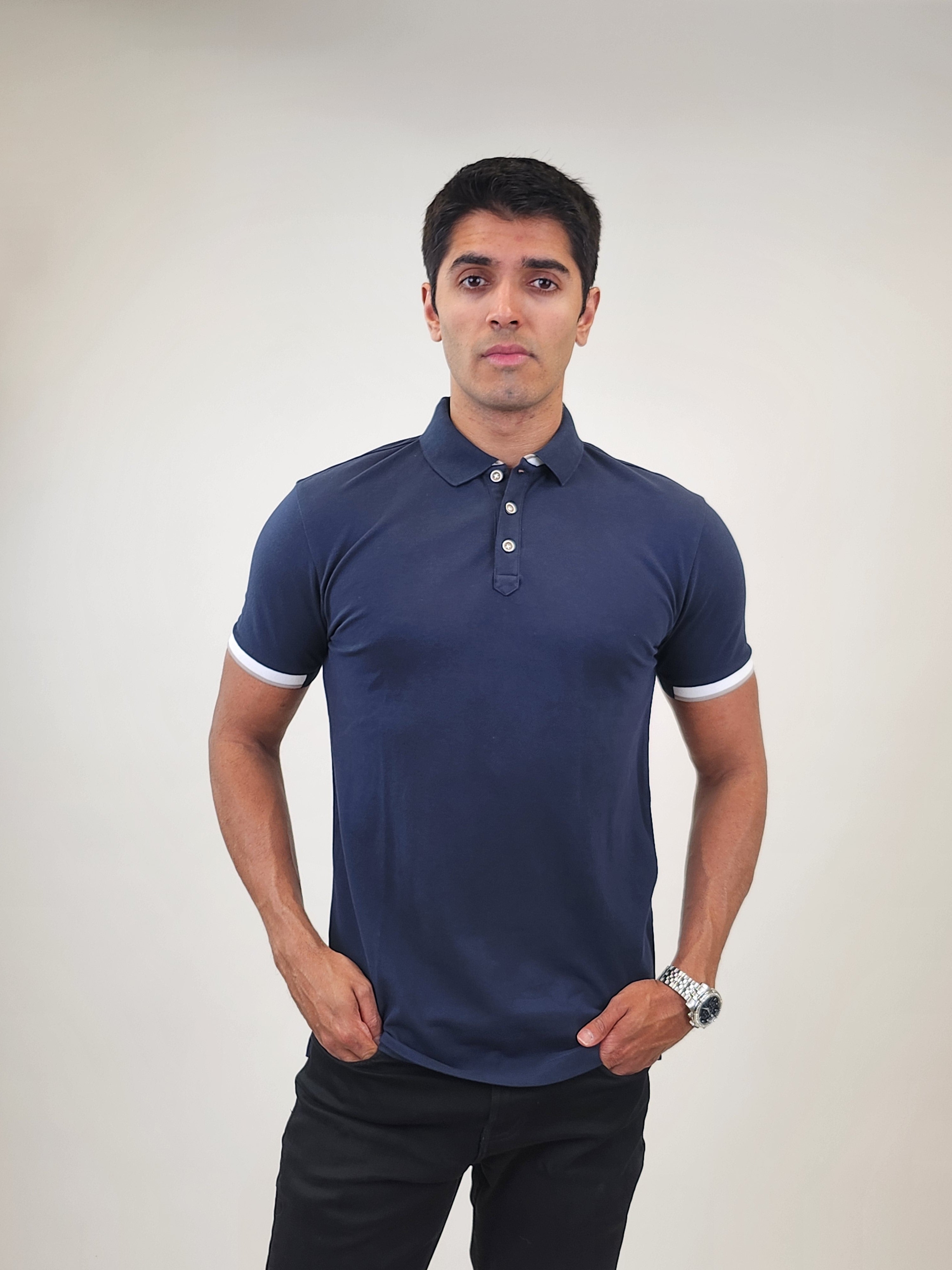 Brand Partner,R2 Amsterdam, R2 Amsterdam Navy Blue Solid Polo with White Contrast, Blue, Medium-40-TagM
