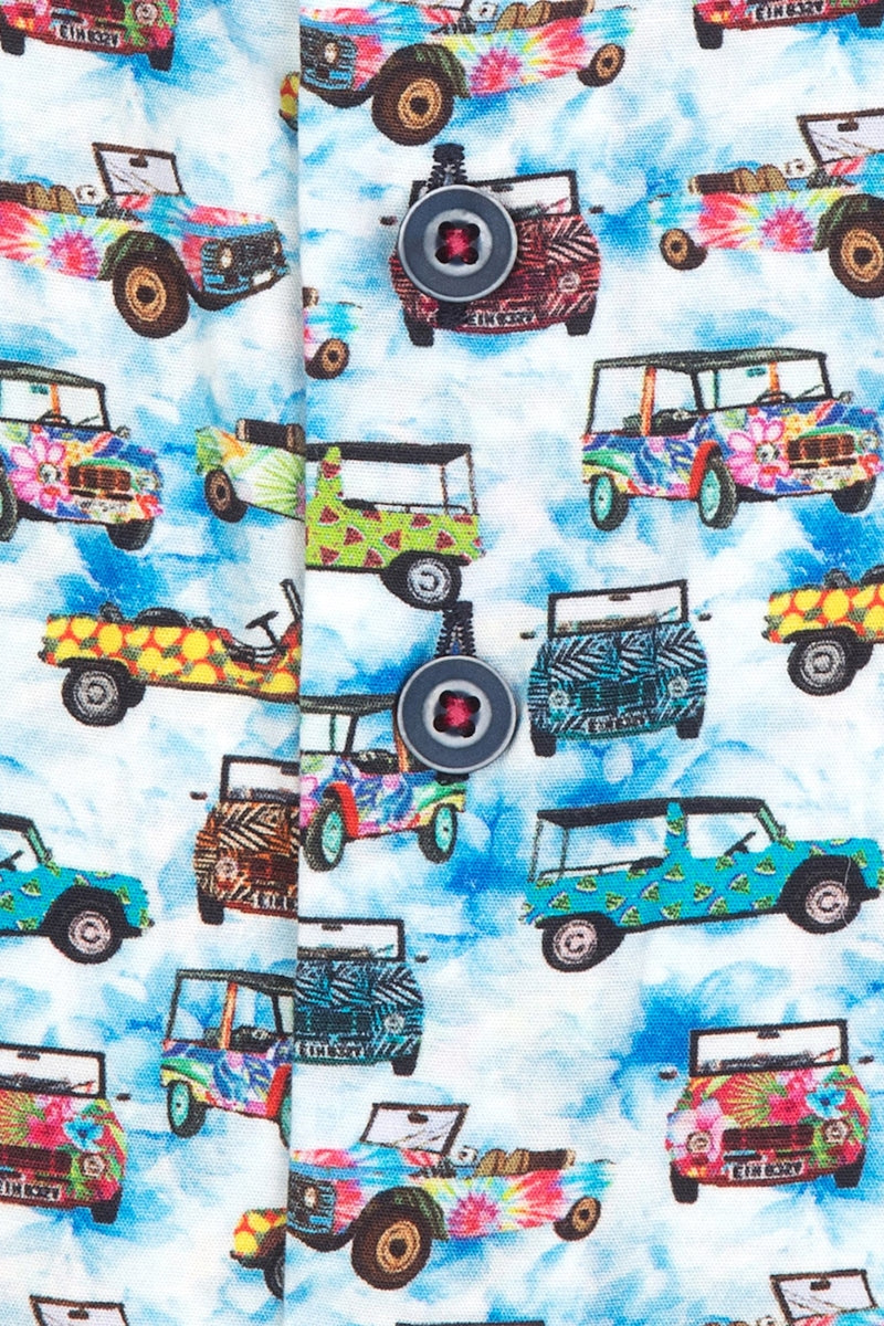 Direct From Brand,R2 Amsterdam, R2 Amsterdam Blue Multi Truck Print Short Sleeve Button Up Shirt, Blue, Medium-43-Tag40