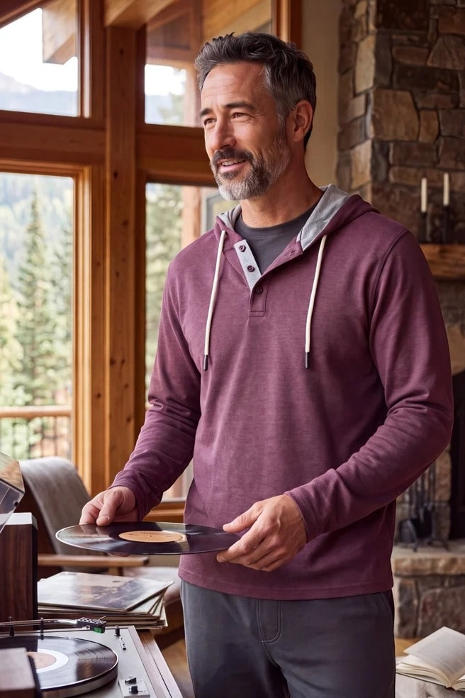 Wholesale,Fundamental Coast, Fundamental Coast Wine Soft Henley Hoodie, Purple, Medium-46-TagMLarge-48-TagLExtra Large-50-TagXL