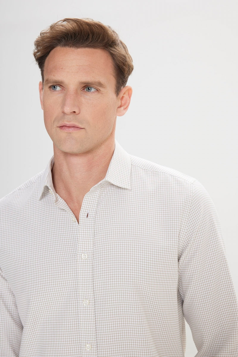 Wholesale,Altinyildiz Classics, Altinyildiz Classics Beige/White Plaid Seersucker Patterned Slim Fit Shirt, Tan, Small-38-TagSMedium-41-TagMLarge-44-TagLExtra Large-47-TagXL