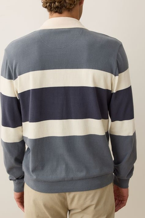 Wholesale,Marine Layer, Marine Layer Blue with Cream Colorblock Suede Rugby Polo, Blue, Small-42-TagSMedium-44-TagMLarge-47-TagLExtra Large-50-TagXL