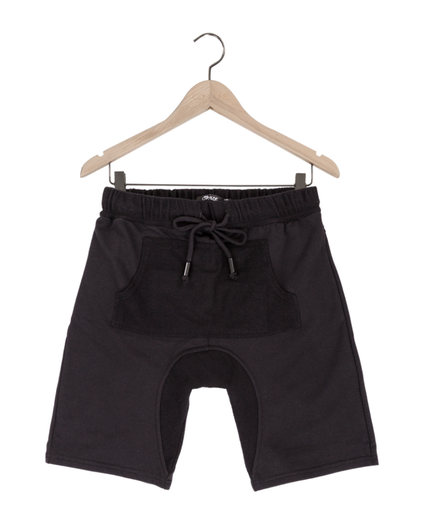 Reese De Luca Black French Terry Shorts with Drawstring and Kangaroo Pocket