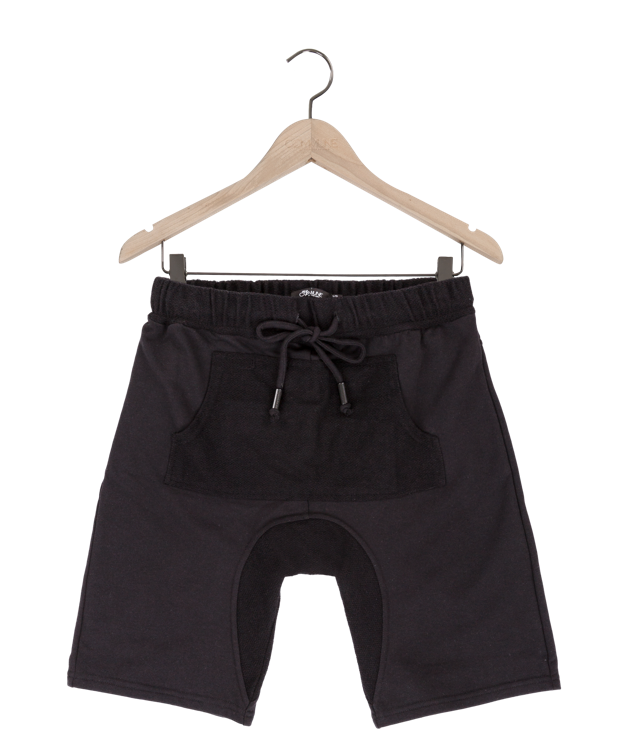 Reese De Luca Black French Terry Shorts with Drawstring and Kangaroo Pocket