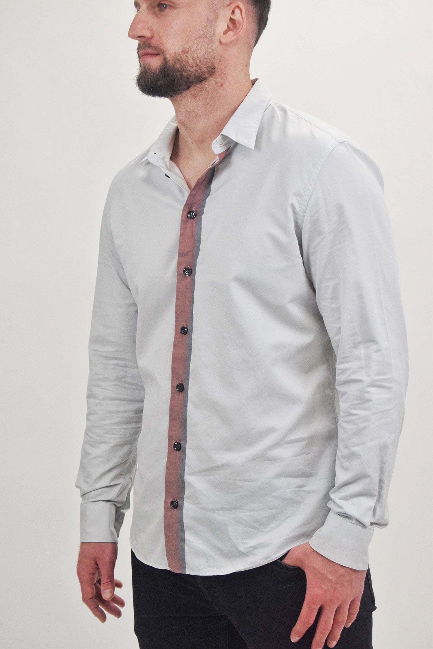The RealReal,Armani Collezioni, Armani Solid Grey Red Closure Button Up Shirt, White, Large-45-TagL