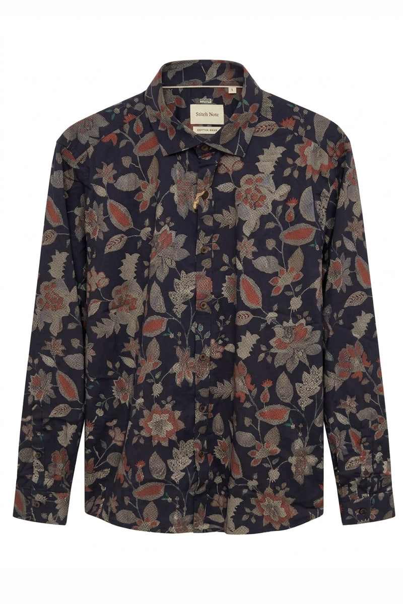 Direct From Brand,Stitch Note, Stitch Note Brown 100% Egyptian Cotton Checkered Floral Print Button Up Shirt, Brown, Large-46-TagL