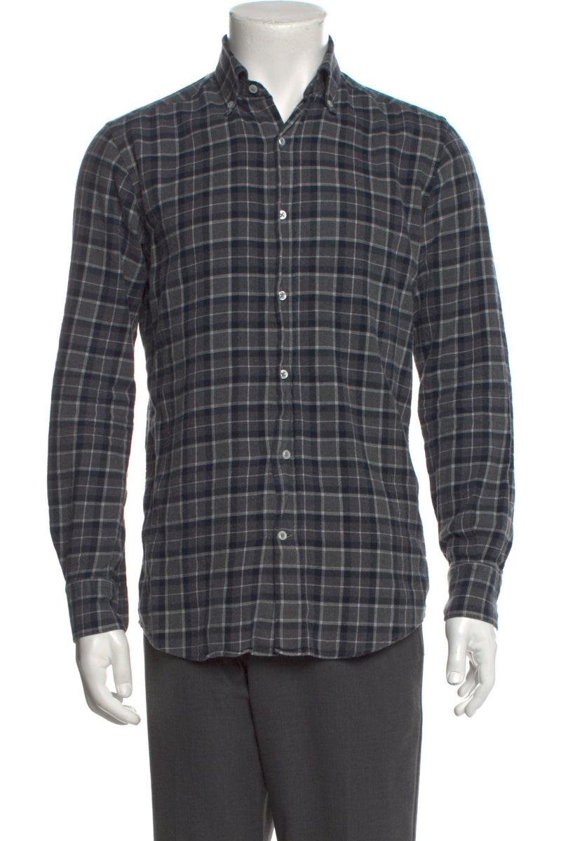 RealReal,Bergdorf Goodman, Bergdorf Goodman Grey Plaid Long Sleeve Shirt, Grey, Small-40-TagS