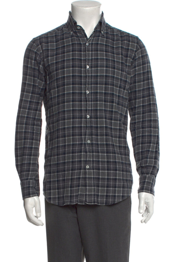 Bergdorf Goodman Grey Plaid Long Sleeve Shirt