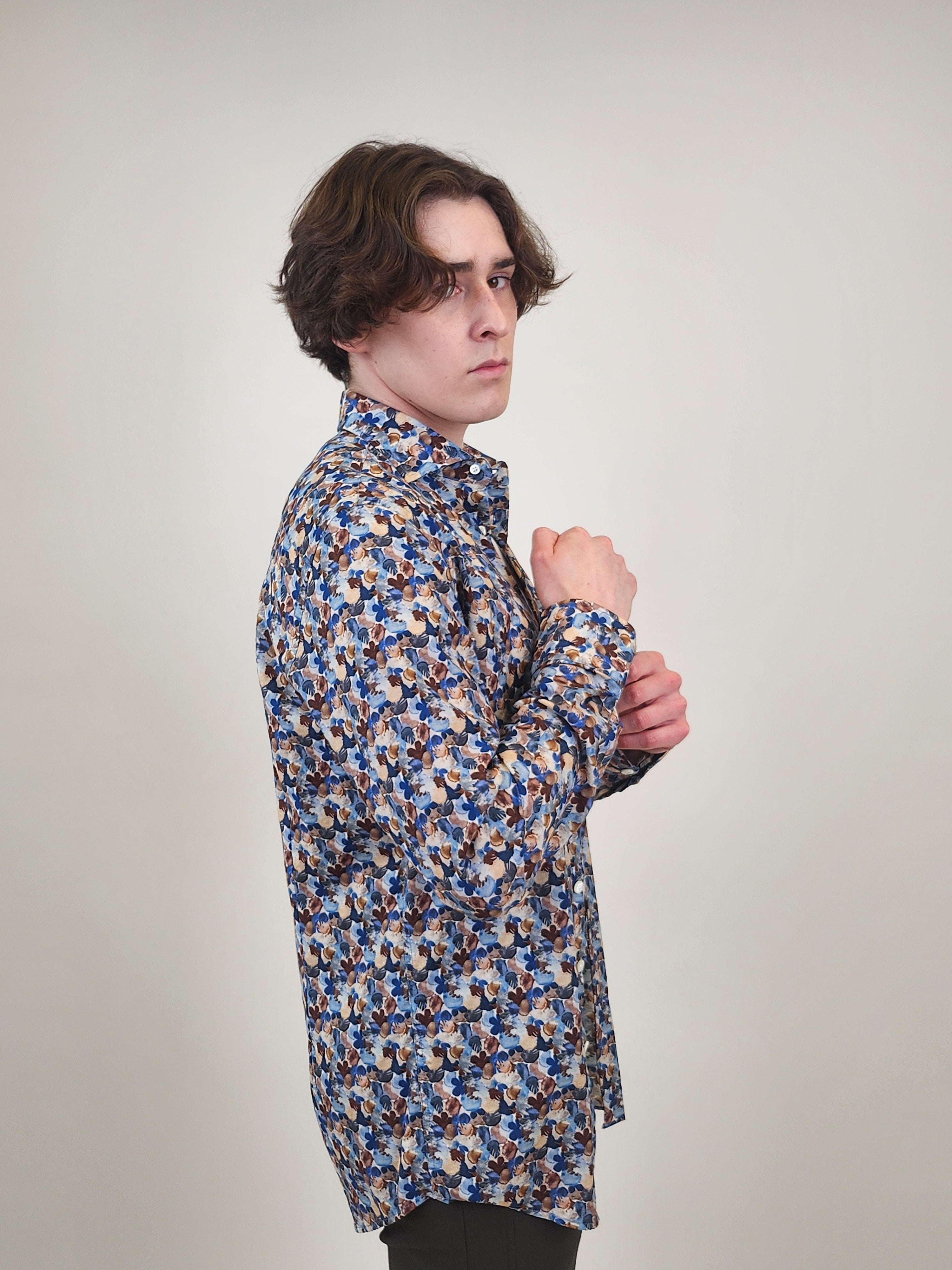 Brand Partner,R2 Amsterdam, R2 Amsterdam Blue Multi Floral Print Wool Long Sleeve Button Up Shirt, Blue, Small-41-Tag39