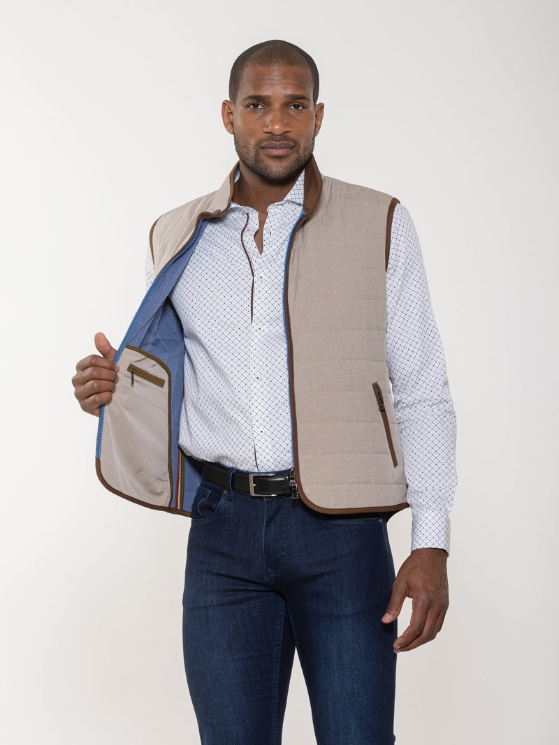 Wholesale,Luchiano Visconti, Luchiano Visconti Beige with Brown Contrast Quilted Vest, Tan, Small-40-TagSMedium-42-TagMLarge-44-TagLExtra Large-46-TagXLExtra Extra Large-48-TagXXL
