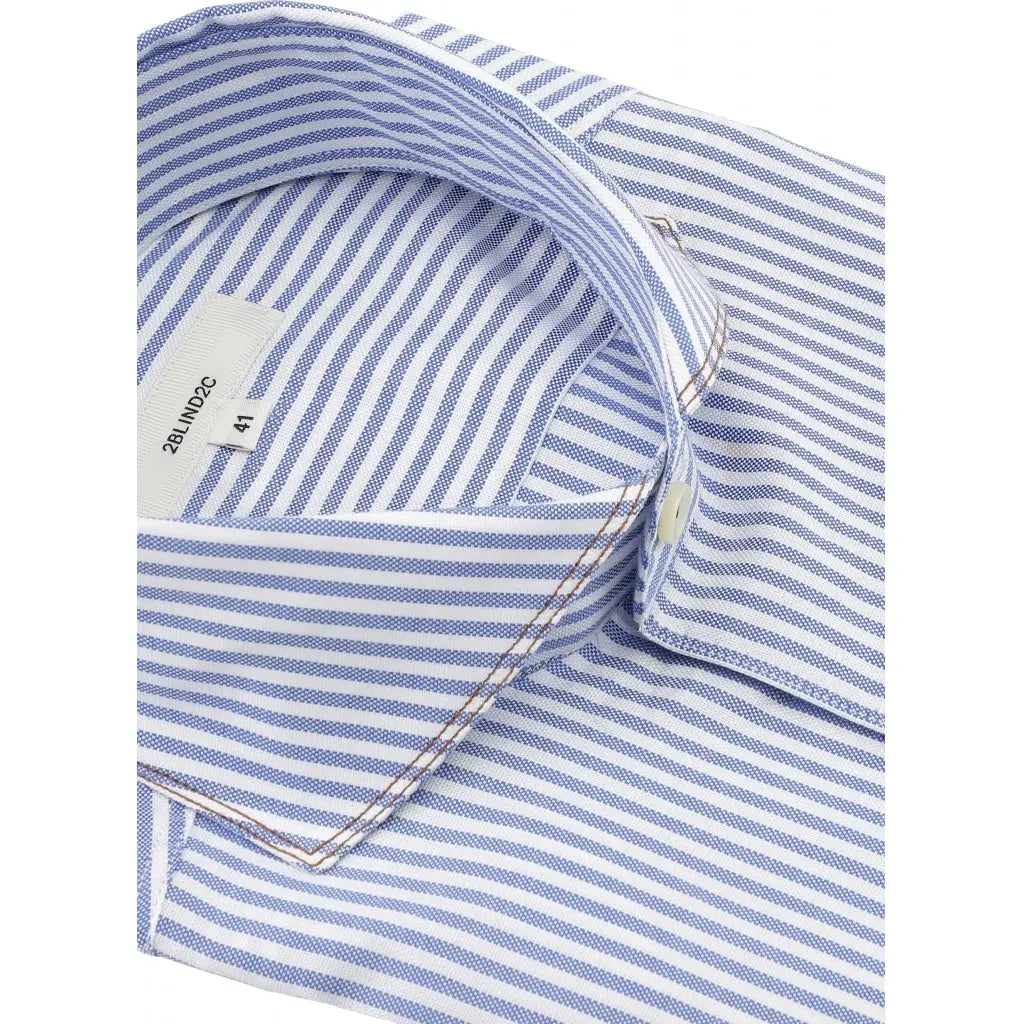 Faire,2Blind2C, 2Blind2C Light Blue Striped Oxford Shirt with Contrast Brown Stitching Long Sleeve Button Up, Blue, Large-45-TagL