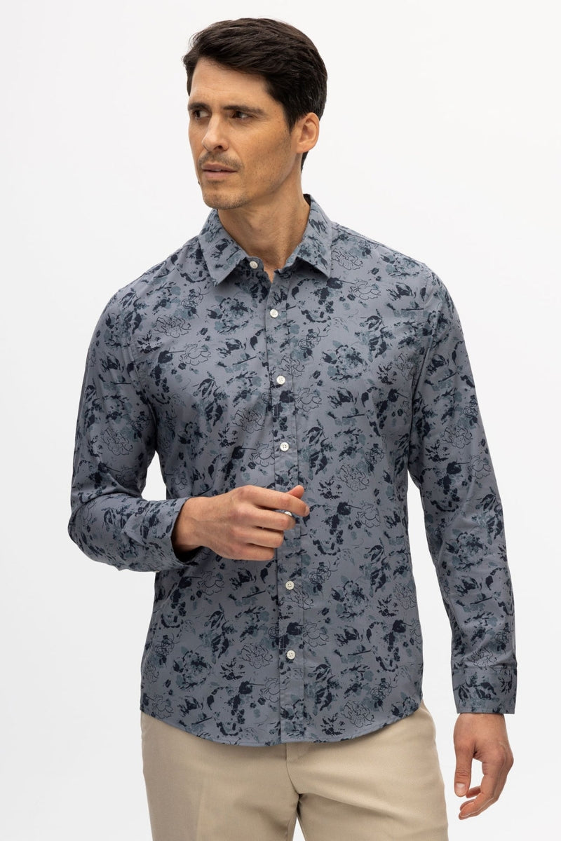 Julian & Mark Grey Abstract Print Stretch Long Sleeve Shirt