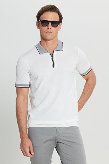Wholesale,Altinyildiz Classics, Altinyildiz Classics White with Grey Contrast Qtr Zip Textured Knit Polo, White, Medium-42-TagMLarge-44-TagLExtra Large-46-TagXL