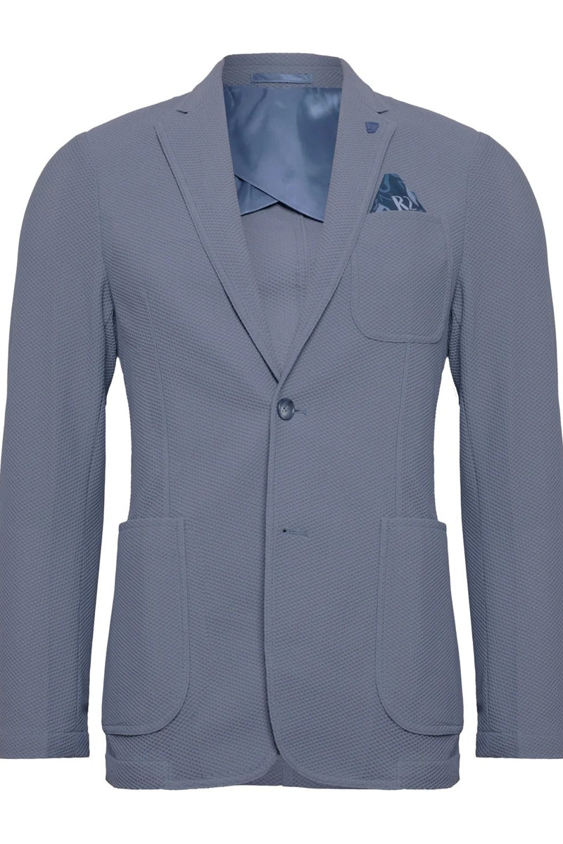 Direct From Brand,R2 Amsterdam, R2 Amsterdam Denim Blue Textured Stretch Travel Blazer, Blue, Medium-40-Tag50