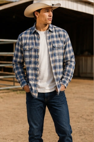 Wholesale,James Campbell, James Campbell Blue/Cream Plaid Button-Up Shirt, Blue, Medium-43-TagM