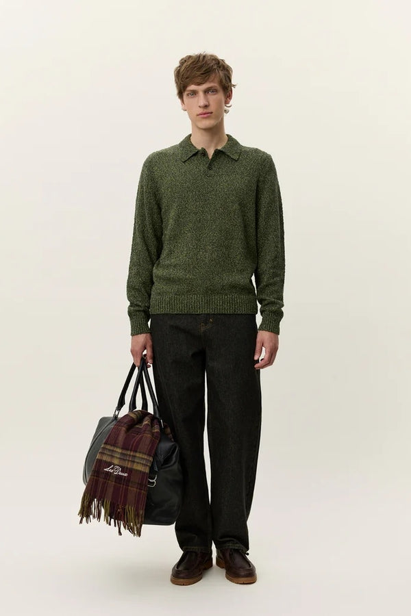 Les Deux Olive Two-tone Mouliné Slub Yarn Textured Knitted Polo
