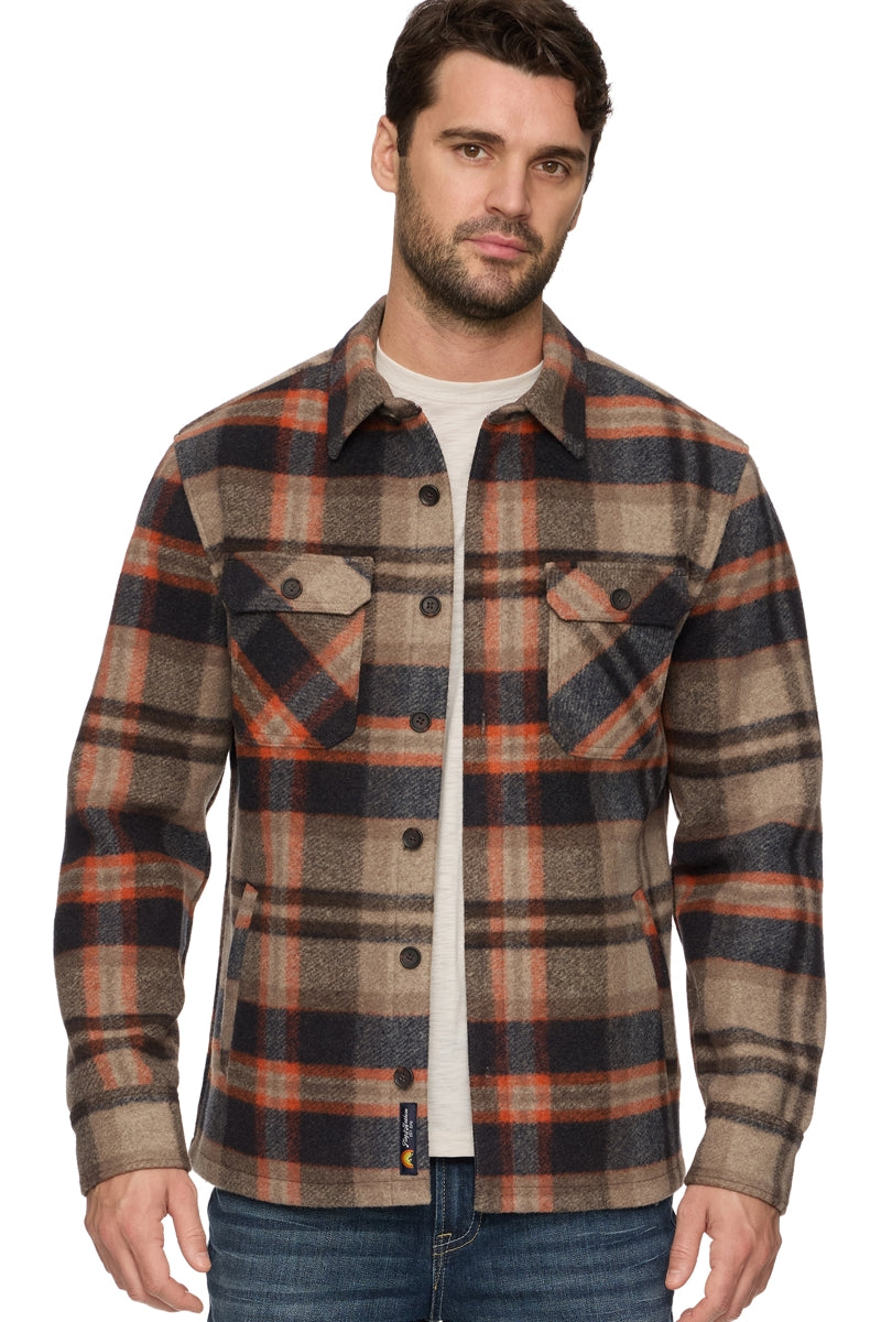 Wholesale,Flag & Anthem, Flag & Anthem Oatmeal/Navy Brushed Plaid Shacket, Tan, Extra Extra Large-58-TagXXL