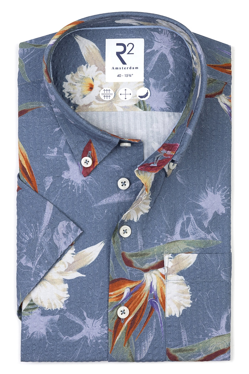 Direct From Brand,R2 Amsterdam, R2 Amsterdam Multicolor Floral Print Seersucker Short Sleeve Button Up Shirt, Blue, Medium-43-Tag40Large-45-Tag41Large-46-Tag42Medium-42-Tag39
