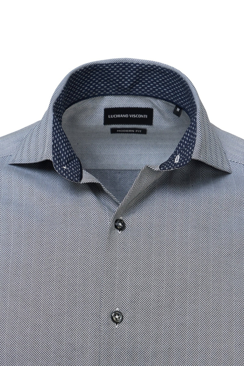 Wholesale,Luchiano Visconti, Luchiano Visconti Charcoal Herringbone Shirt, Grey, Small-42-TagSMedium-46-TagMLarge-48-TagLExtra Large-52-TagXLExtra Extra Large-54-TagXXL