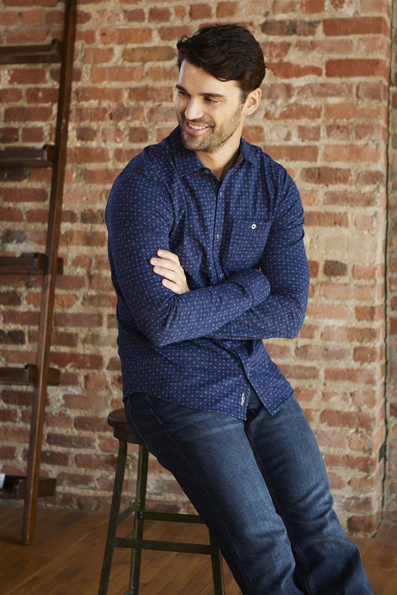 Wholesale,Flag & Anthem, Flag & Anthem Navy Heather Geo Print Knit Performance Long Sleeve Shirt, Blue, Extra Large-48-TagXL