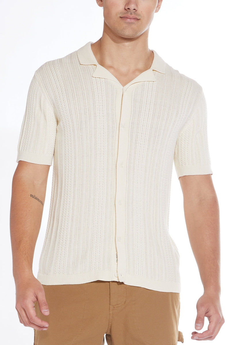 Wholesale,Civil Society, Civil Society Cream Cable Sweater Knit Short Sleeve Resort Shirt, Cream, Extra Large-46-TagXL